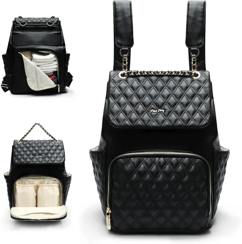 Miniatura 7 de miss fong Bolsa de pañales de cuero para mamá y papá con 12 bolsillos, cambiador de pañales y 4 bolsillos aislados, color negro oscuro