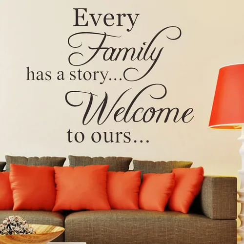 Miniatura 6 de Vinilo decorativo para pared con texto en inglés «Every Family Has a Story» con frase «Welcome to ours»