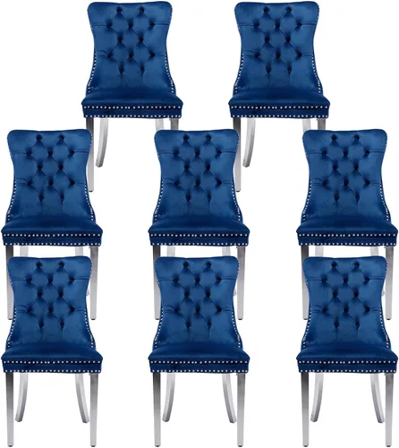 Miniatura 107 de Juego de 4 Sillas de Comedor de Terciopelo Tapizadas con Capitoné, Sillas Laterales de Cocina con Ribete de Tachuelas y Patas Chapadas en Oro