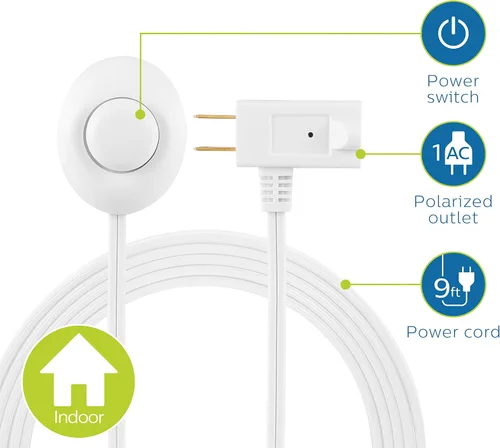 Miniatura 2 de Philips Interruptor de pie enchufable, 9 pies, cable de extensión de enchufe plano de 1 salida, con interruptor de encendido/apagado, cable