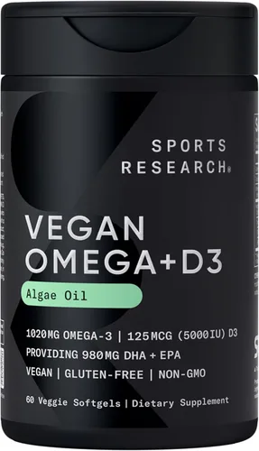 Sports Research Cápsulas blandas veganas de omega-3 con vitamina D3 – 1020 mg Omega-3 y 5000iu D3 – Alternativa al aceite de pescado con vitamina D
