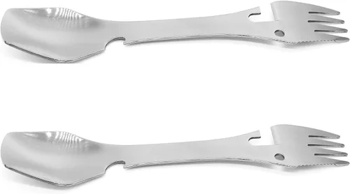 Miniatura 9 de Paquete de 2 cucharas de tenedor multifunción de acero inoxidable 5 en 1, tenedor y cuchillo, abrelatas y utensilios de campamento para picnic