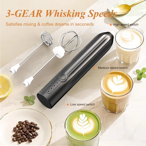 Miniatura 3 de Espumador de leche potente recargable de mano con 2 cabezales inoxidables, 3 velocidades, mezclador de bebidas, batidor eléctrico para café, lattes