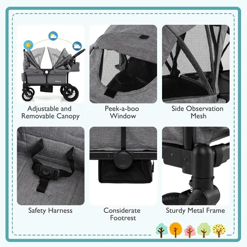 Miniatura 4 de BABY JOY Cochecito vagón para 2 niños, vagón doble plegable para empujar o jalar con mango ajustable, toldo extraíble, arnés de seguridad, Gris