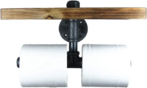 Estante de almacenamiento de madera industrial urbano para montaje en pared, tubo de hierro, doble soporte de papel higiénico, rodillo para