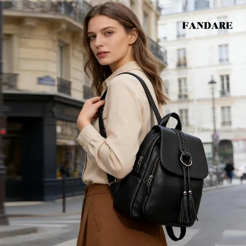 Miniatura 2 de FANDARE Mochila vintage para mujer con borla, mochila de cuero PU para mujer, Negro, Grande