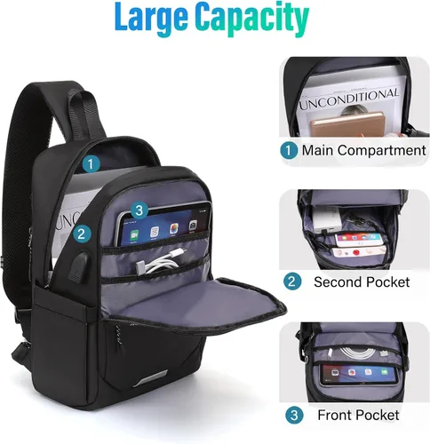 Miniatura 4 de MOSISO Mochila bandolera de viaje para senderismo, bolsa cruzada grande con puerto de carga USB para hombres y mujeres, bolsillos de 3 capas, bolsa