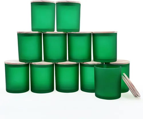 Miniatura 23 de SHOWIN Tarros de vela gruesos de 14 OZ para hacer velas 12 Piezas, tarros vacíos de 3 mechas con tapas de madera para hacer velas, recipiente