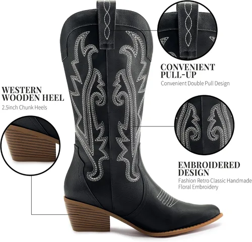 Miniatura 2 de Athlefit Botas vaqueras para mujer, botas vaqueras occidentales, a la moda, bordadas, punta puntiaguda, tacón grueso, botas de media pantorrilla
