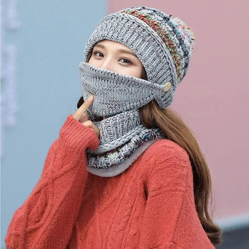 Miniatura 3 de Gorro de invierno para mujer con forro polar y solapas para las orejas con pompón bufanda y máscara cálido suave y holgado