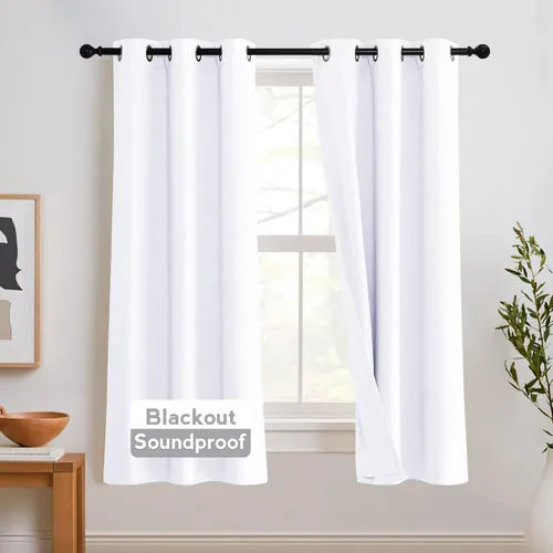 Miniatura 35 de RYB HOME 3 en 1 insonorizadas - oscurecedoras - cortinas de lino con aislamiento, cortinas de ahorro de energía con bloqueo de ruido para Lino blanco