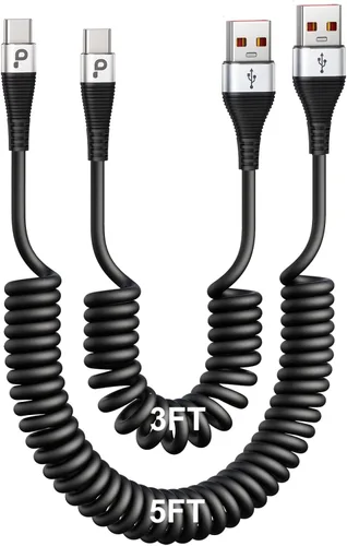Miniatura 16 de Cable USB C de carga rápida, paquete de 2 cables de carga USB A a USB C en espiral de 3 pies para automóvil, cable de carga USB-C compatible