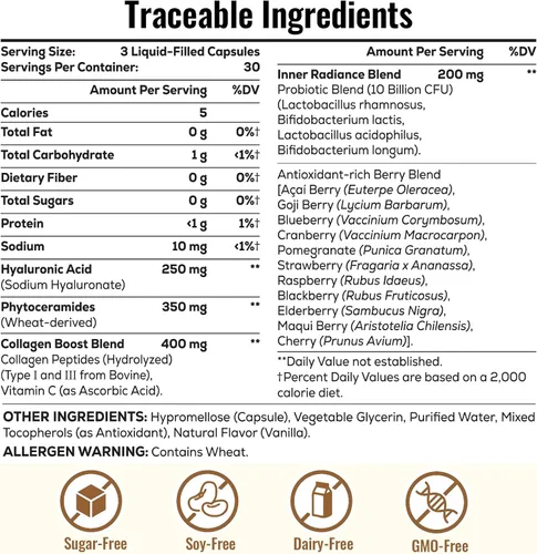 Miniatura 6 de Cápsulas de ácido hialurónico 19 en 1 – Ácido Hylunárico 1200 mg, con péptidos de colágeno, vitamina C, fitoceramidas – para piel, ojos