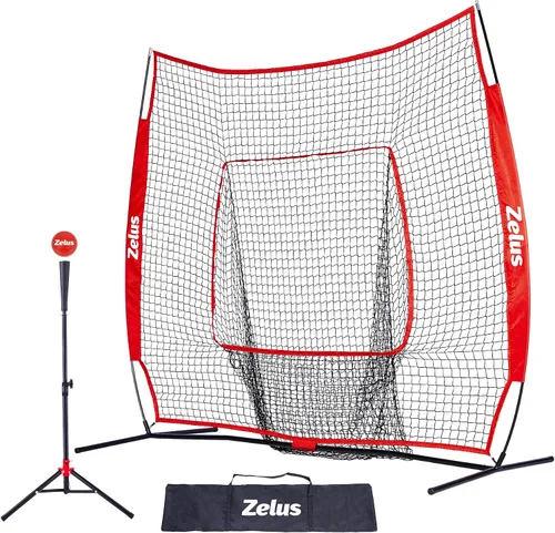ZELUS Red de béisbol de 7 x 7 pies, red de práctica de béisbol y sóftbol con tee, pelotas de béisbol y bolsa de transporte para batear y lanzar