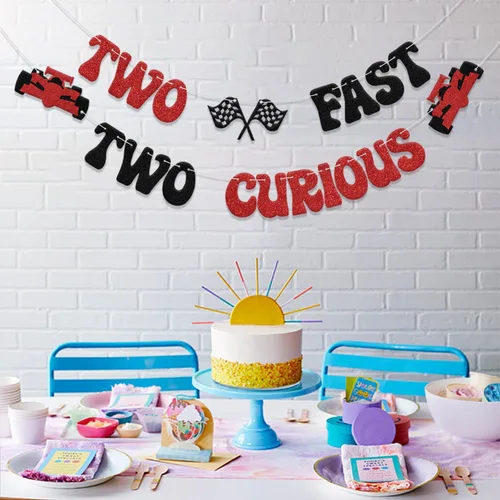 Miniatura 5 de Cartel de Two Fast Two Curious, decoración de segundo cumpleaños de niño para carreras de segunda fiesta, suministros de fiesta de auto de carreras