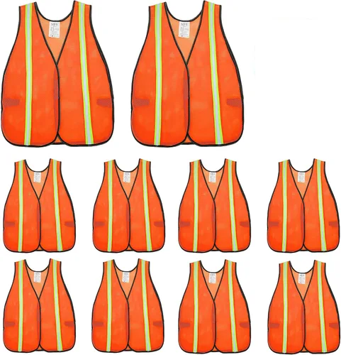 SIFE Paquete de 10 chalecos de seguridad reflectantes de alta visibilidad, hechos de tela de malla transpirable y naranja neón con diseño elástico,
