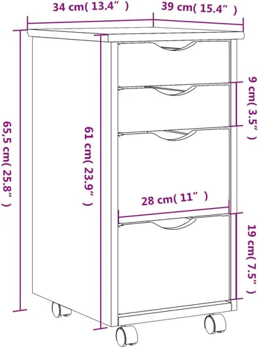 Miniatura 2 de Cómoda de 4 cajones, archivador, gabinete de oficina con cajones, armario móvil de madera con ruedas, organizador de dormitorio, cajones
