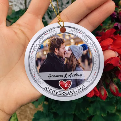Miniatura 5 de Adorno de 5º aniversario, decoración del árbol de Navidad, nombres personalizados y recuerdos de aniversario de fotos, regalos para parejas juntas