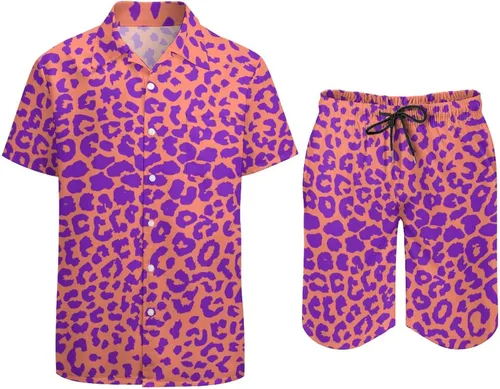 Miniatura 3 de Conjunto combinado de verano de dos piezas para hombre, traje de playa de leopardo, camisa hawaiana con botones