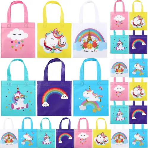 Yerliker 24 bolsas pequeñas de unicornio para fiesta de cumpleaños, regalo de unicornio, bolsas de dulces con asas, reutilizables, no tejidas,