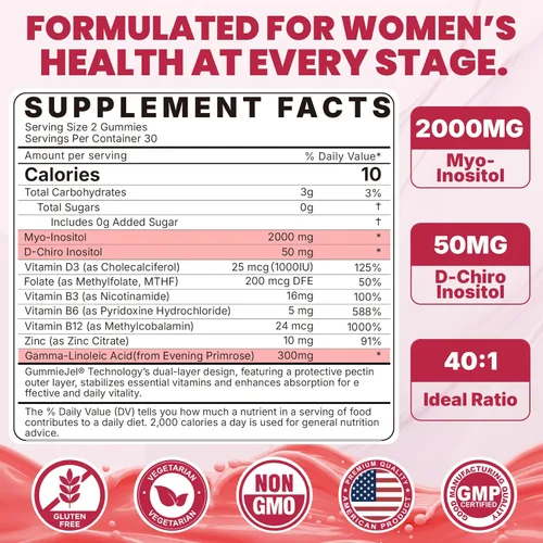 Miniatura 2 de Gomitas de inositol con aceite de onagra para mujeres, proporción 40:1, mio-inositol de 2000 mg y D-Chiro inositol 50 mg con vitamina D3 B6 B12