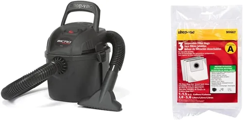 Shop-Vac 2021005, Micro aspiradora húmeda y seca, 1 galón, manguera de 1.25 pulgadas de diámetro x 4 pies, 50 CFM, (1 paquete) y 9066700 bolsa de