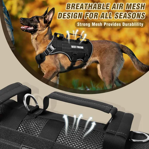 Miniatura 4 de Arnés táctico para perro, de tamaño mediano, con hebillas de metal, malla de aire transpirable, arnés militar Molle con 3 asas duraderas