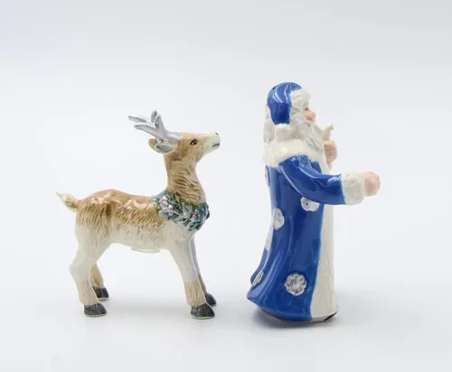 Miniatura 2 de Juego de salero y pimentero de cerámica fina de Navidad con reno amigo de Papá Noel, 4-5/8 pulgadas de alto