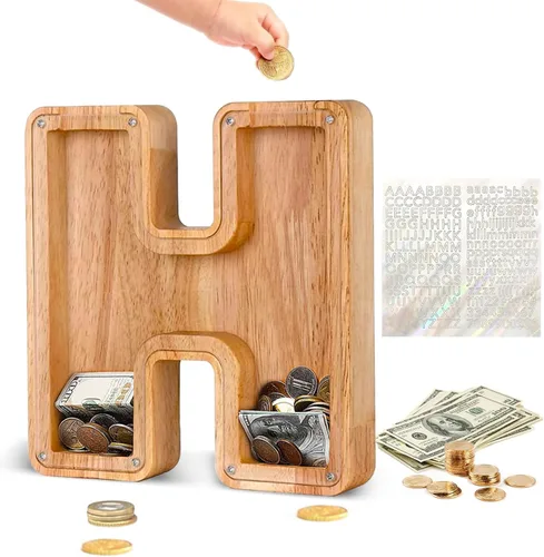 Miniatura 31 de Alcancía de Madera Personalizada con Letras del Alfabeto, Banco de Monedas con Letras del Alfabeto para Niños, Niñas y Bebés, Tamaño Grande, 26