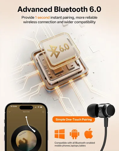 Miniatura 3 de Auriculares Bluetooth con banda para el cuello, auriculares inalámbricos Bluetooth 6.0 con micrófono, luz cómoda, graves profundos, tiempo de Negro