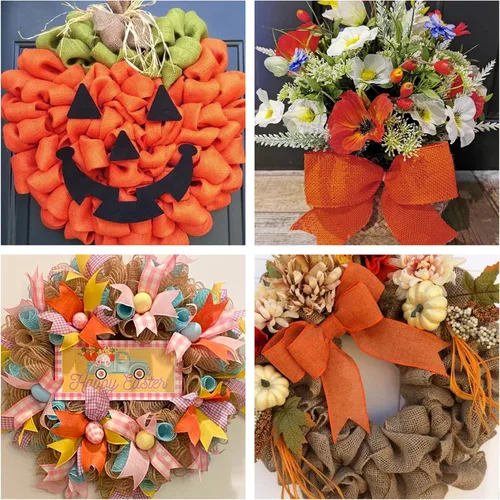 Miniatura 6 de HUIHUANG Cinta de arpillera naranja con alambre sólido con borde con cable, cinta de yute de 2.5 pulgadas para coronas, lazos grandes, manualidades