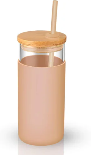 Miniatura 4 de Tronco - Vaso de vidrio de 20 onzas, botella de agua con pajilla, funda protectora de silicona y tapa de bambú, sin bisfenol A, ámbar, 8