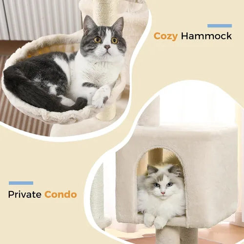 Miniatura 5 de Árbol pequeño para gatos beige torre para gatos con poste rascador de 32 pulgadas con casa condominio para gatos, hamaca acogedora y cama superior