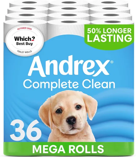 Andrex Classic Clean Mega - Rollo de papel higiénico, 36 rollos Mega XL, rollo de inodoro de la misma calidad, dura aún más, 36 Mega rollos de