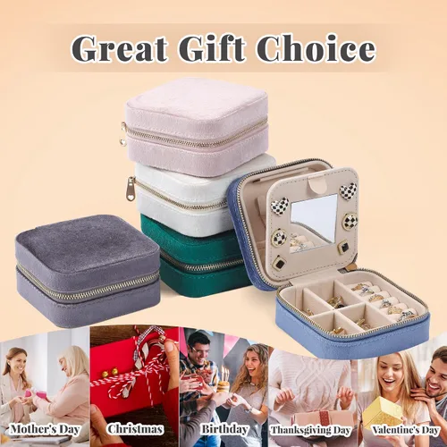 Miniatura 6 de Dajasan Joyero de viaje de terciopelo, mini estuche de joyería de viaje, pequeña caja organizadora de joyas de viaje portátil con espejo