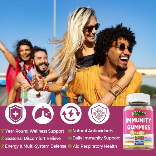 Miniatura 6 de Gomitas de suplemento de apoyo inmunológico 10 en 1, con equinácea, saúco, vitamina C y zinc, selenio, vitamina D3 5000IU, magnesio, multivitamínico