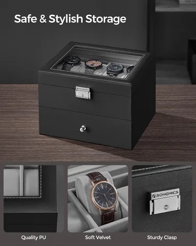 Miniatura 3 de SONGMICS Caja de reloj de 16 ranuras, caja de reloj con tapa de vidrio, 2 capas, vitrina de reloj con cerradura, cuero sintético negro, forro gris