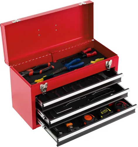 Miniatura 11 de Caja de herramientas de metal, caja de herramientas de 3 cajones con asa de transporte, 2 pestillos y forro, caja de almacenamiento portátil