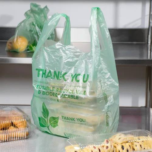 Miniatura 4 de KitchenDine Bolsas de plástico ecológicas verdes – 100 bolsas de compras biodegradables – Thank You – Bolsa de transporte de 22 x 12 pulgadas (100)