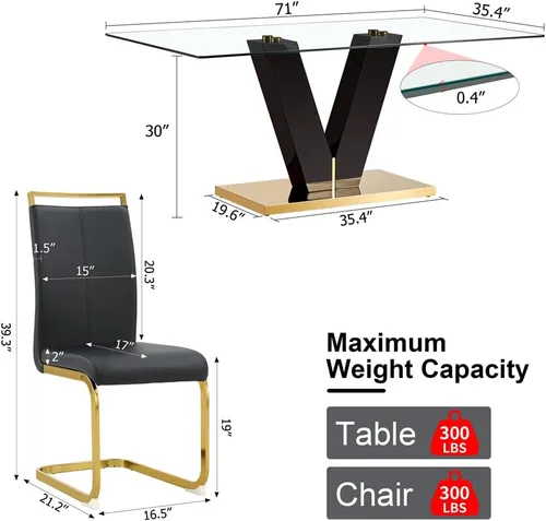 Miniatura 2 de Juego de mesa de comedor de vidrio de 71 pulgadas para 6, juego de mesa de comedor para 6, mesa de cocina moderna y 6 sillas de PU, parte superior 6