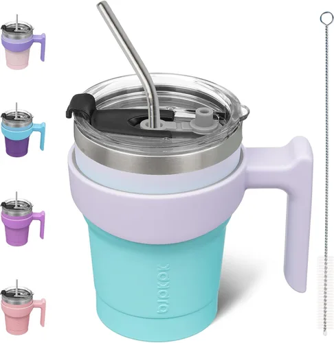 Miniatura 27 de BJPKPK Vaso con asa de acero inoxidable de 20 onzas, con aislamiento de doble pared, con tapa y pajita, color rosa claro A-rosa claro