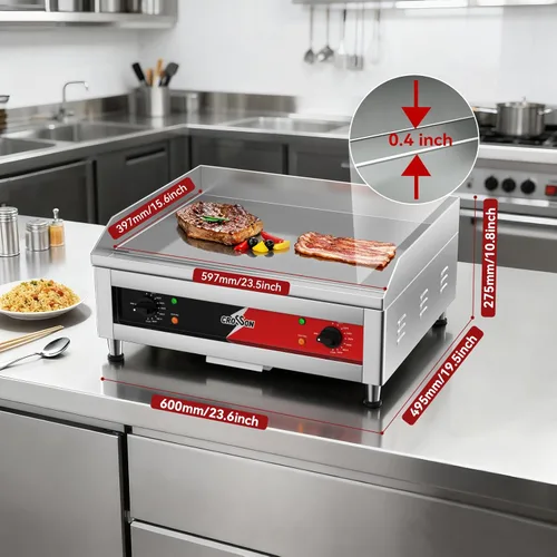 Miniatura 3 de CROSSON Plancha comercial cromada de 24 x 16 pulgadas, con certificación ETL, plancha eléctrica para encimera con placa de cocción antiadherente