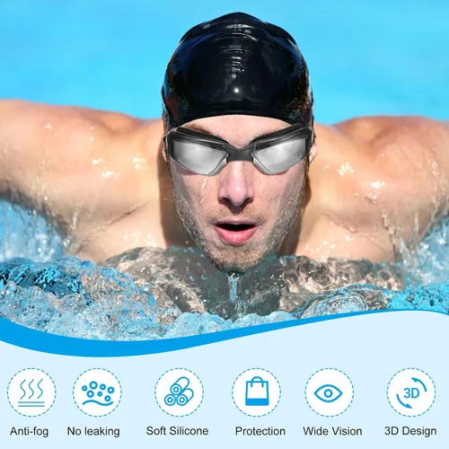 Miniatura 5 de Flutesan Paquete de 6 gafas de natación para adultos, antiniebla, con tapones para los oídos, clip para la nariz, sin fugas, protección completa