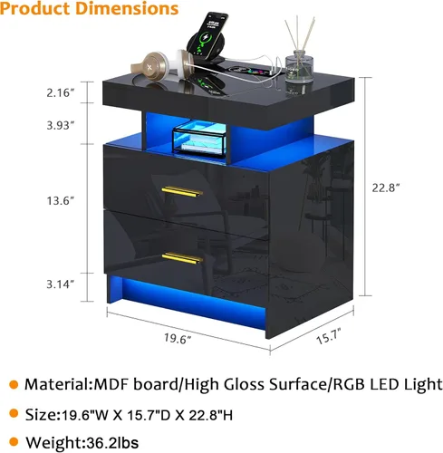 Miniatura 2 de Mesita de noche LED con estación de carga, moderna mesita de noche negra con luz de sensor corporal, mesita de noche con 2 cajones de almacenamiento