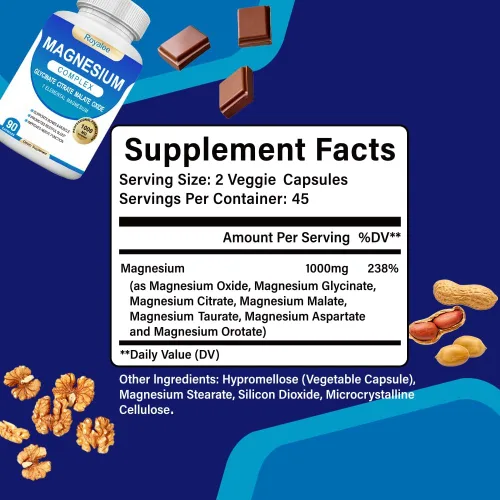 Miniatura 6 de Suplemento complejo de magnesio – 1000 mg con 7 formas de magnesio incluyendo glicinato, citrato, malato, taurato y orrotato – Apoya la relajación