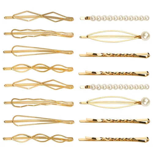 16 piezas de elegantes horquillas de metal geométricas, pinzas para el cabello con perlas, horquillas de novia doradas, pinzas bobby metálicas