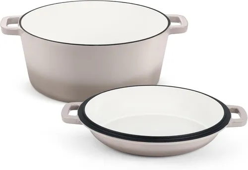Miniatura 10 de TeamFar Horno holandés de hierro fundido esmaltado de 5 cuartos de galón, olla holandesa 2 en 1 con tapa de sartén para hornear pan, estofado, Gris