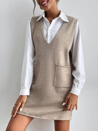 Miniatura 3 de OYOANGLE Vestido corto de punto sin mangas con cuello en V para mujer con bolsillos