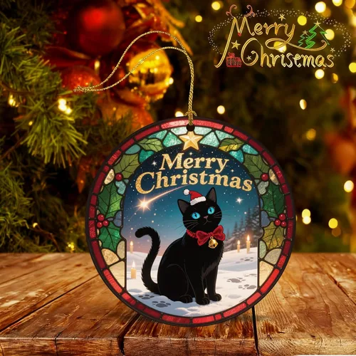 Miniatura 4 de Adornos de Navidad Graciosos de Gato Negro 2025, Adornos Colgantes de Acrílico 2D para Decoraciones de Árbol de Navidad, Adornos de Navidad