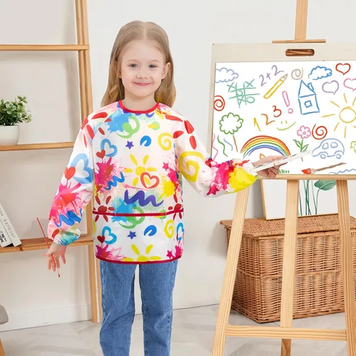 Miniatura 5 de WERNNSAI Bata de arte para niños impermeable con manga larga y 3 bolsillos de pintura Doodle A001
